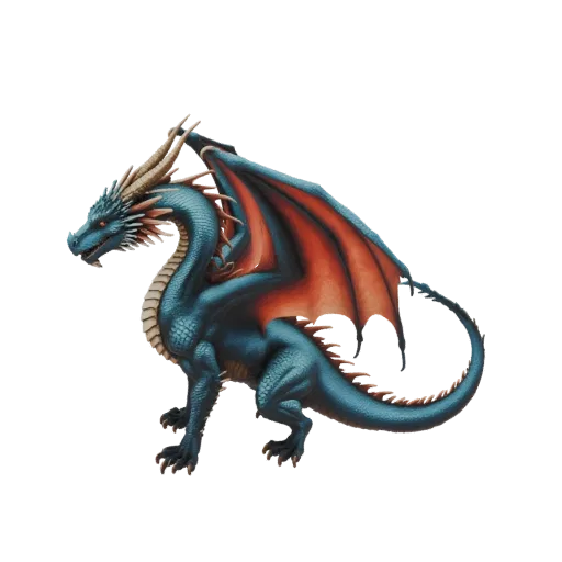 Ein detailliertes 3D-Modell eines majestätischen blauen Drachen mit großen, feurig roten und orangen Flügeln, der auf einem w
