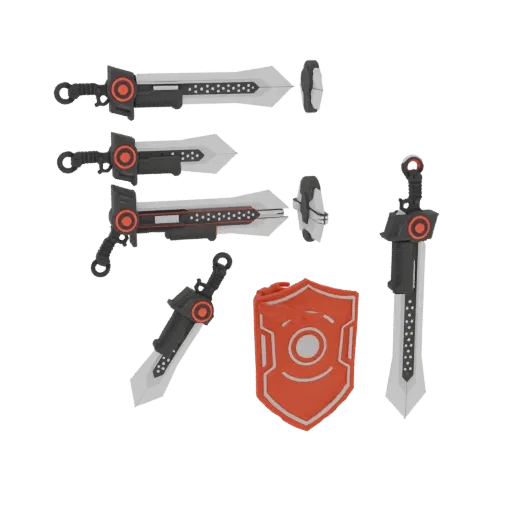A 3D render of a futuristic sci-fi sword and shield set, featuring angular designs, metallic finishes, and vibrant orange acc
