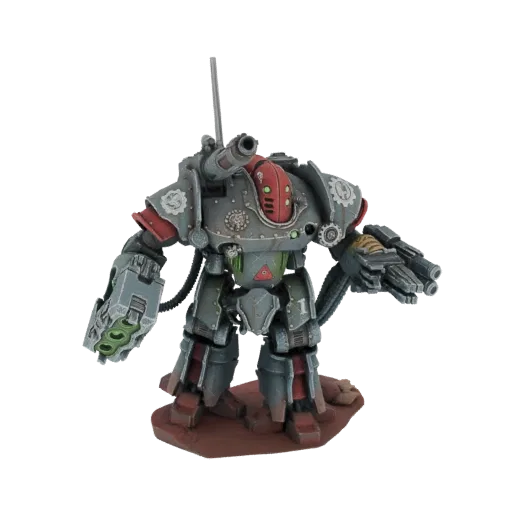 A detailed 3D model of a grey and red Imperial Knight Armiger war machine with cannons and a large arm-mounted weapon.