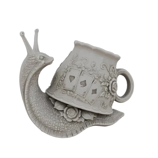 3D model of a whimsical snail carrying a teacup adorned with playing cards and roses, inspired by Alice in Wonderland.
