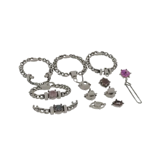 Set Bracciale e Orecchini Boho in Oro, modello 3D, vista tre quarti frontale, rendering studio visualizzatore AR, finitura or