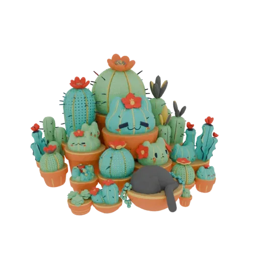 A 3D render of a collection of cute, kawaii-style anthropomorphic cacti with red flowers and a sleeping grey cat in pots.
