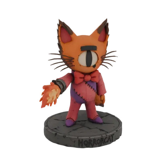 3D model of a one-eyed, stitched orange cat character with a fiery hand, standing on a cracked stone base.