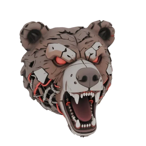 3D model of a cybernetic bear head with glowing red eyes, exposed wires, and mechanical parts, set against a white background