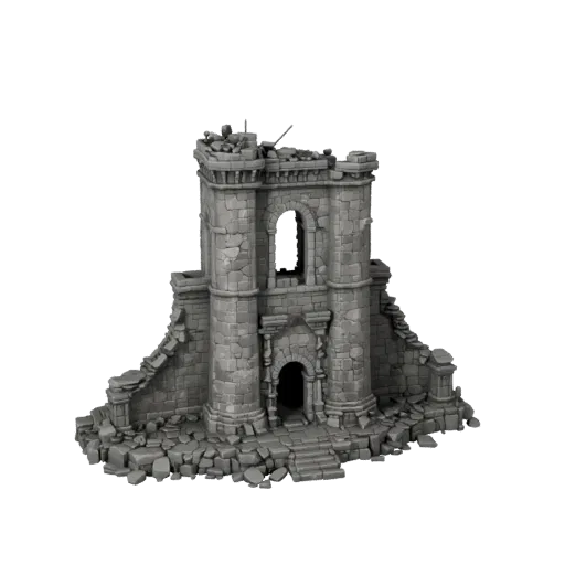 Ruined Tower Base Modular 3D model, isometric modular kit view, showing aged stone, built remnants.