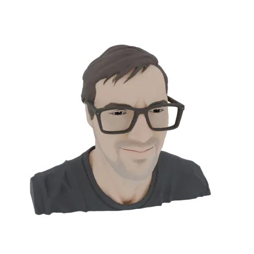 3D model render of a man with dark hair, wearing black-rimmed glasses and a dark t-shirt, with a skeptical expression.