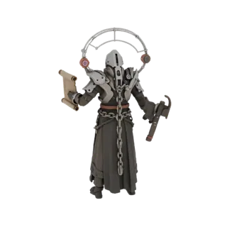 3D model of a mechanical keeper in a dark cloak with chains, holding a scroll and hammer, with a mechanical halo on its back.