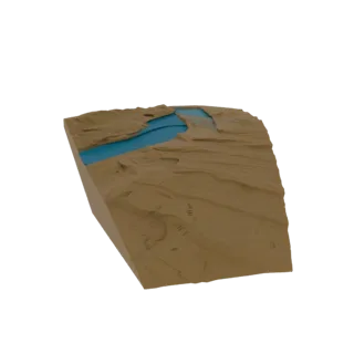 نموذج ثلاثي الأبعاد قابل للطباعة لنهر التايغا، عرض ثلاثي الأبعاد للطاولة، يظهر طبقات التضاريس، ضفاف الثلج.