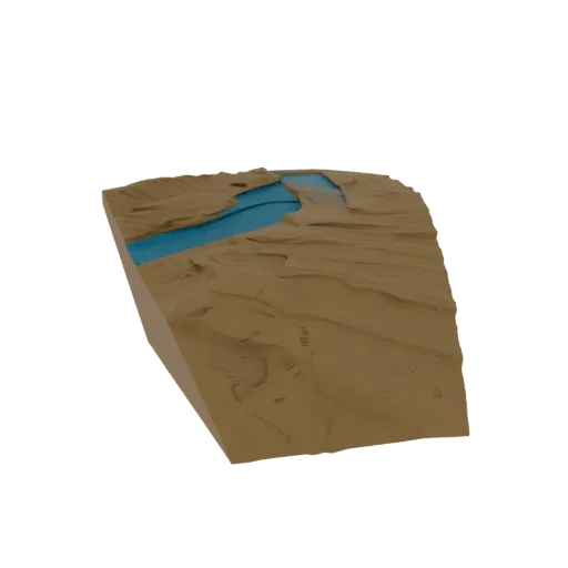 Modelo 3D Imprimível do Bioma Rio Taiga, renderização STL isométrica de mesa, mostrando camadas de terreno, bancos de neve.