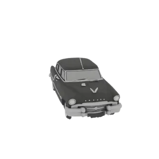 Ein 3D-Modell einer klassischen dunkelblauen 1950er Limousine mit hellen Zierleisten, von vorne im Dreiviertelblick.