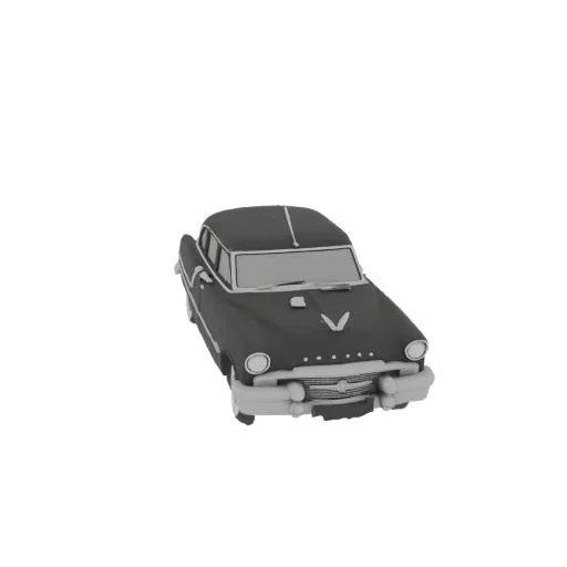 A 3D model of a classic dark-colored 1950s sedan with light-colored trim, viewed from a front-three-quarter angle.