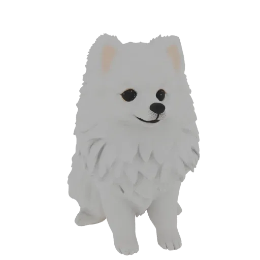 3D model of a fluffy white Pomeranian dog sitting with its head tilted slightly, looking forward with black eyes and a small