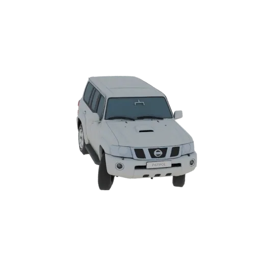 Rendu d'un modèle 3D d'un Nissan Patrol SUV blanc, vu d'un angle avant légèrement élevé.