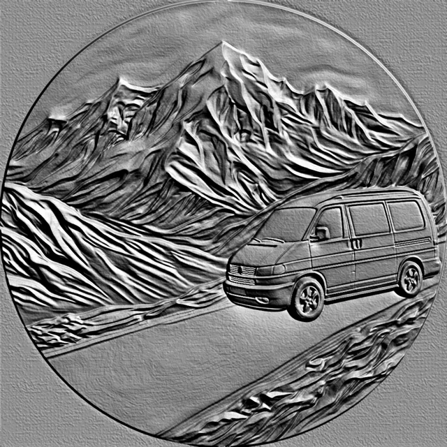 3D model of a van bas-relief on a mountain road, in a circular frame.