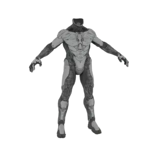 Modelo 3D de traje de guerreiro cibernético sci-fi sem cabeça com placas de armadura detalhadas, apresentado em pose T.