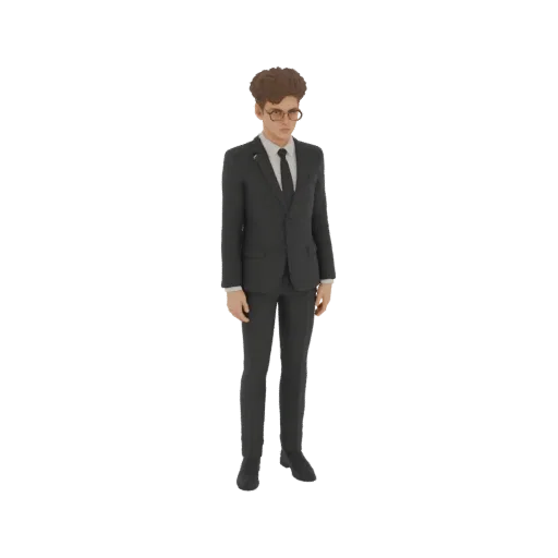 3D-Modell eines jungen Mannes im dunklen Anzug, weißem Hemd und Krawatte, mit Brille, in neutraler Pose stehend.