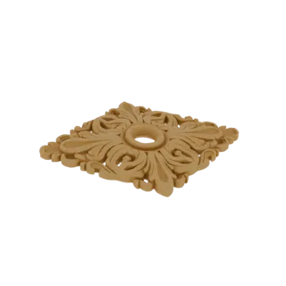 A 3D render of a decorative medallion with intricate acanthus leaf scrollwork and a central circular opening, presented on a