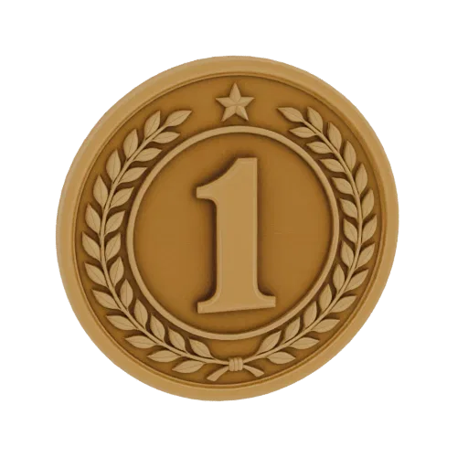 3D model of a gold medal with a laurel wreath and the number '1' prominently displayed.