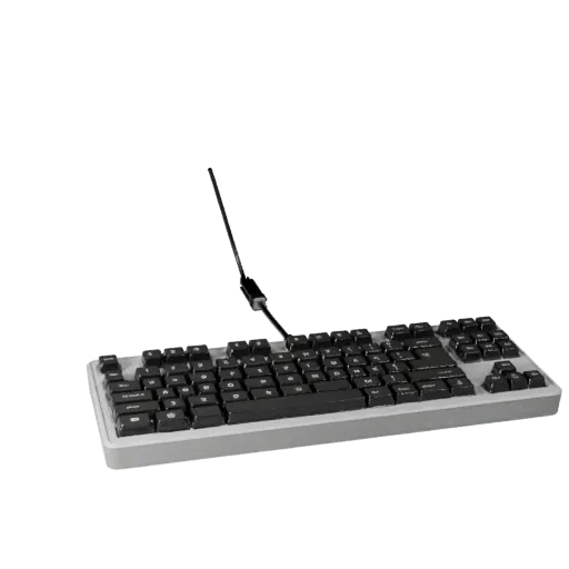 Modelo 3D modular Startup Keyboard, vista isométrica de kit modular, mostrando siluetas de plástico a escala de escritorio.