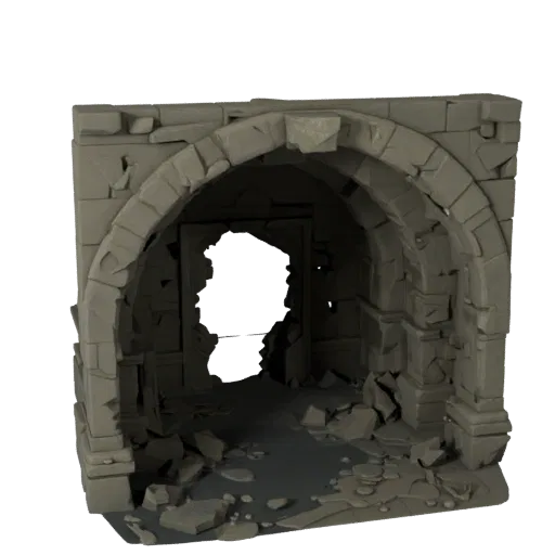 Flooded Ruin Interior Low Poly 3D model, game viewport three-quarter view, showing aged stone, built remnants.