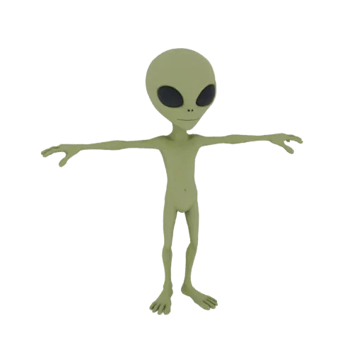 A 3D render of a classic green alien figure with large black eyes and arms outstretched in a T-pose, against a white backgrou