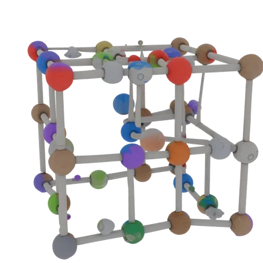 Crystal Style Lattice Realistic 3D model, three-quarter studio render, showing colored spheres, molecule layout.