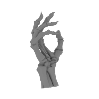 A 3D render of a grey skeleton hand forming the 'OK' gesture against a white background.