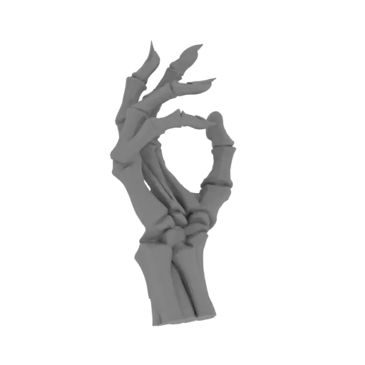 Ein 3D-Render einer grauen Skeletthand, die die 'OK'-Geste vor einem weißen Hintergrund formt.