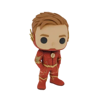 Modello 3D di The Flash in stile Funko Pop!, con costume rosso e oro ed emblema del fulmine, in piedi con le mani in tasca.