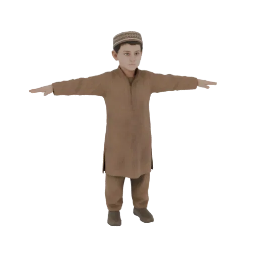 3D model of a young boy in traditional brown tunic and patterned cap, standing with arms outstretched.