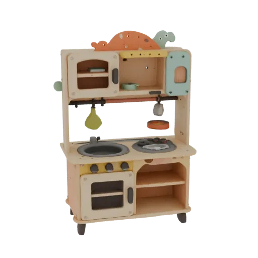 Modello 3D di cucina giocattolo per bambini "Bosco Magico" con dinosauri, vista frontale