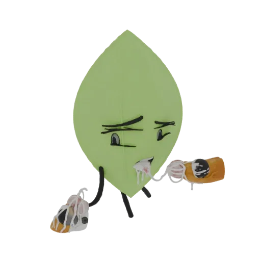 3D model of a green leaf character with a face, holding a lit cigarette with dripping effects.