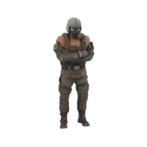 3D model of a wasteland soldier with a helmet and gas mask, wearing tactical gear, standing with arms crossed.
