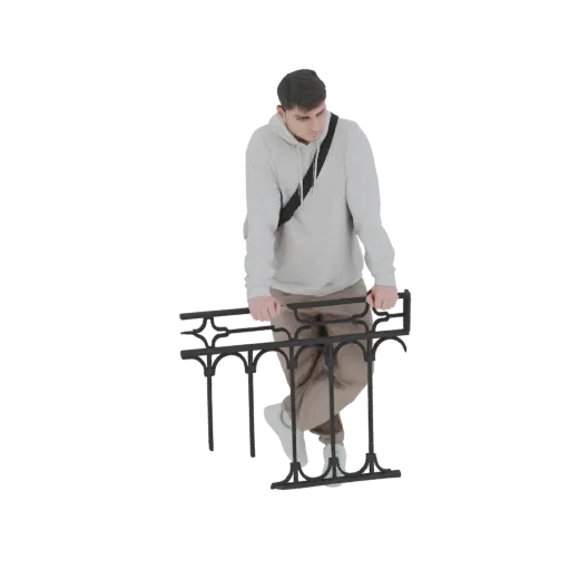 Modello 3D giovane uomo capelli scuri, felpa chiara, pantaloni cuoio, appoggiato a ringhiera balcone metallo nero decorata.