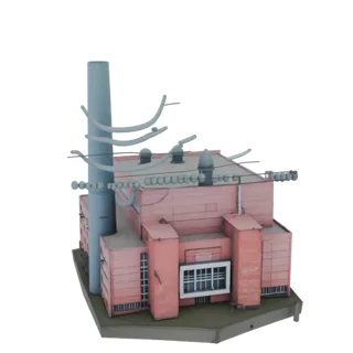3D model of a pink industrial power plant with a tall chimney, power lines, and detailed building facade, set against a white
