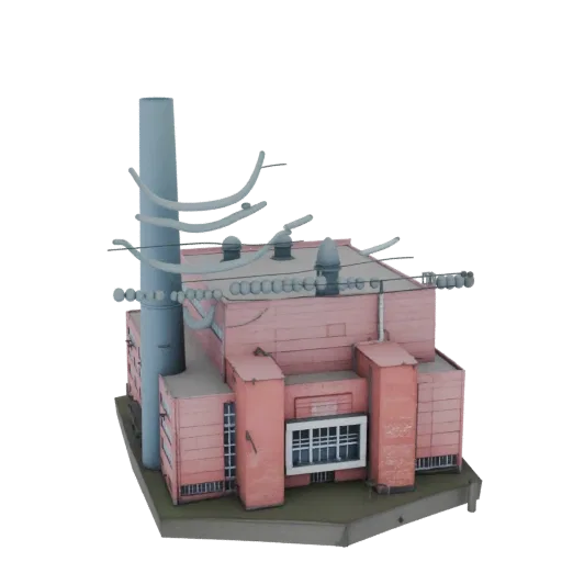3D model of a pink industrial power plant with a tall chimney, power lines, and detailed building facade, set against a white