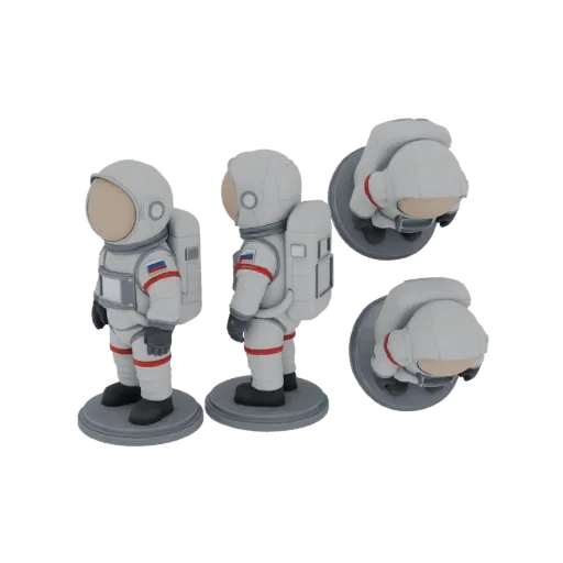 3D model of a cute chibi astronaut in a white spacesuit with a Russian flag emblem, shown from multiple angles.