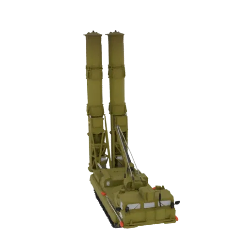 3D model of a green S-400 missile system launcher with two large missile canisters on a tracked base.