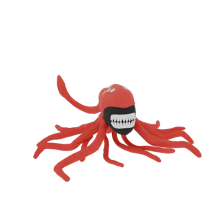 Ein 3D-Modell eines roten Knet-Oktopus mit mehreren Tentakeln und einem breiten, grinsenden Maul mit scharfen weißen Zähnen.