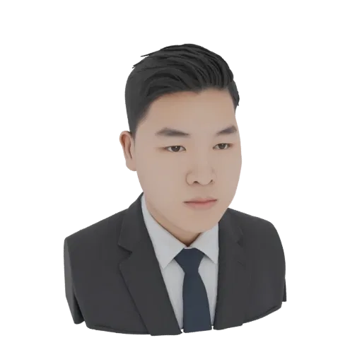 3D model of an Asian businessman wearing a dark suit and tie, with short black hair, against a black background.