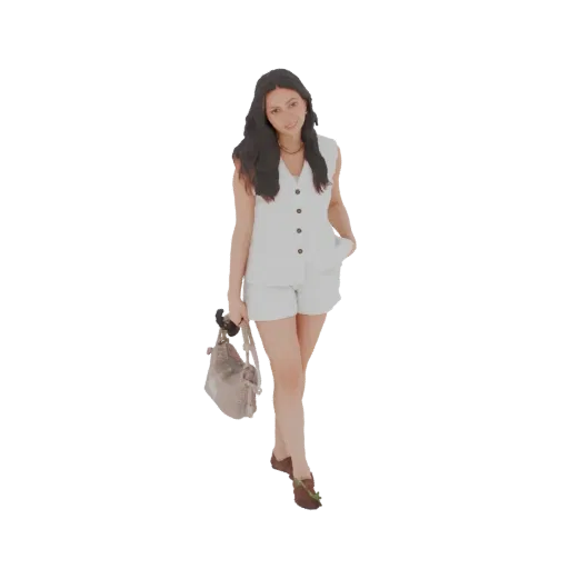Modello 3D di donna con canotta bianca e shorts, che tiene una borsa, con lunghi capelli scuri.