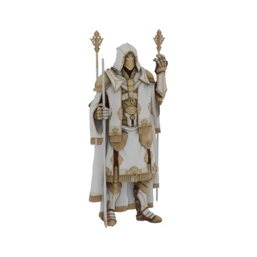 Modello 3D di una figura di Chierico Bianco e Oro con armatura ornata, cappuccio e che tiene uno scettro.