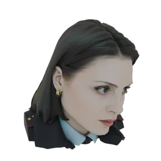 3D-Modell-Render einer Polizistenbüste mit dunklem Haar, Uniform und goldenem Creolen-Ohrring, die zur Seite blickt.