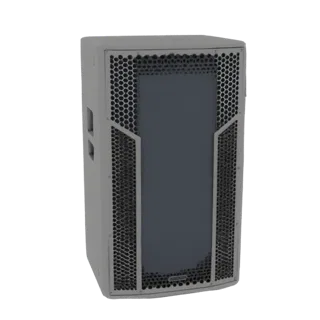 Modèle 3D d'enceinte moderne grise avec grille hexagonale foncée et accents argentés, présenté sur fond blanc.