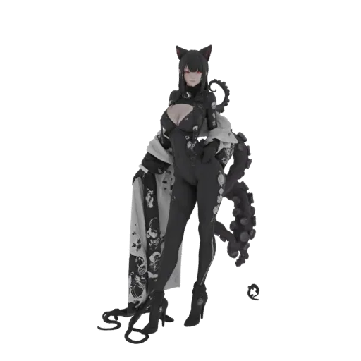 3D model render of a gothic cat-girl with black attire, cat ears, red eyes, and flowing dark tentacles.