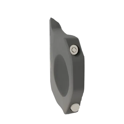 A 3D render of a sleek, matte gray abstract geometric pendant with a central void and two small metallic accents.
