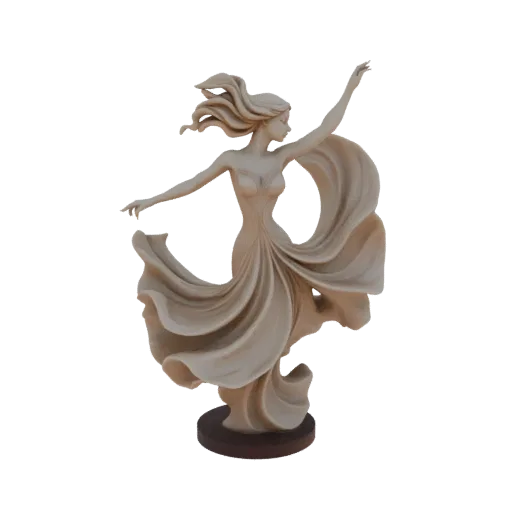 Modello 3D di una graziosa ballerina con abito fluttuante, catturata in movimento con le braccia tese, su una base circolare