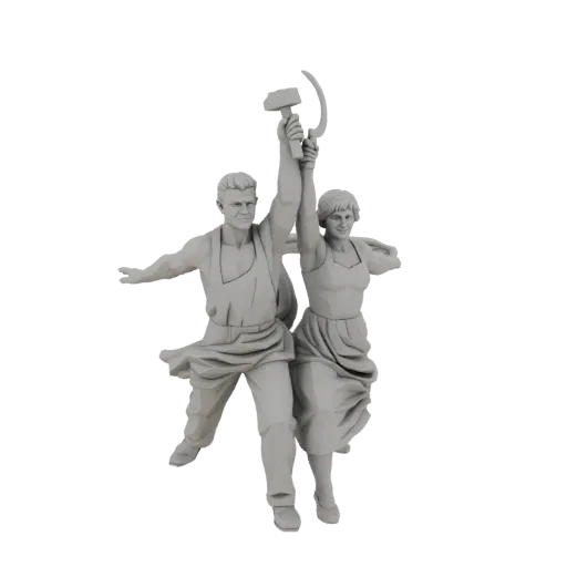 3D model of the 'Worker and Kolkhoz Woman' sculpture, featuring a man and woman raising a hammer and sickle.