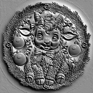 3D bas-relief model of a cute goat in a Christmas wreath of fir branches, decorated with ornaments and stars.