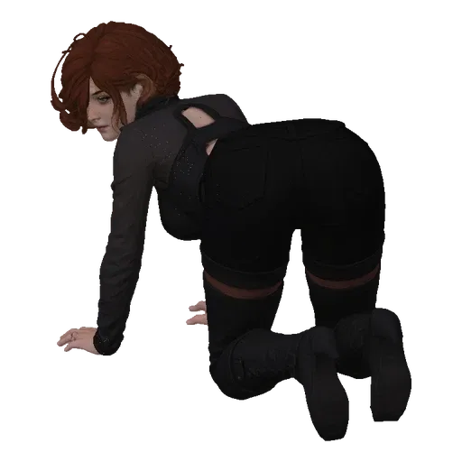 3D model of a woman in a black outfit on all fours, with red hair and a detailed facial expression.